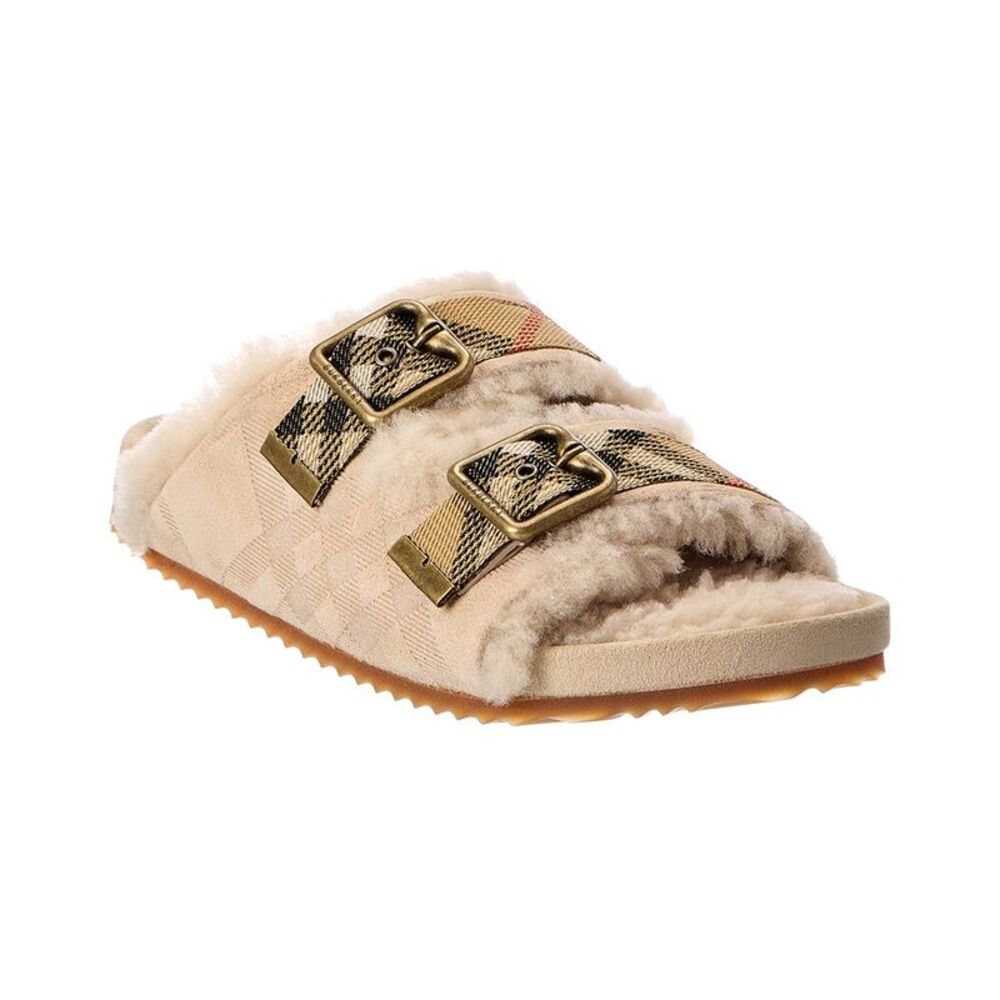 Burberry Check Suede & Shearling Sandal, White